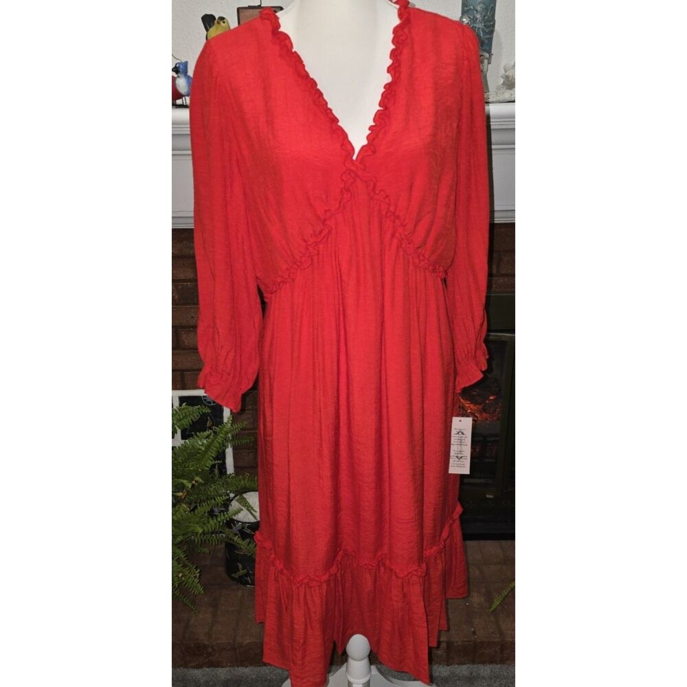 NANETTE LEPORE Size 14 Red Coral LS Dress Under Bust Waist Ruffle, NEW W/ Tag